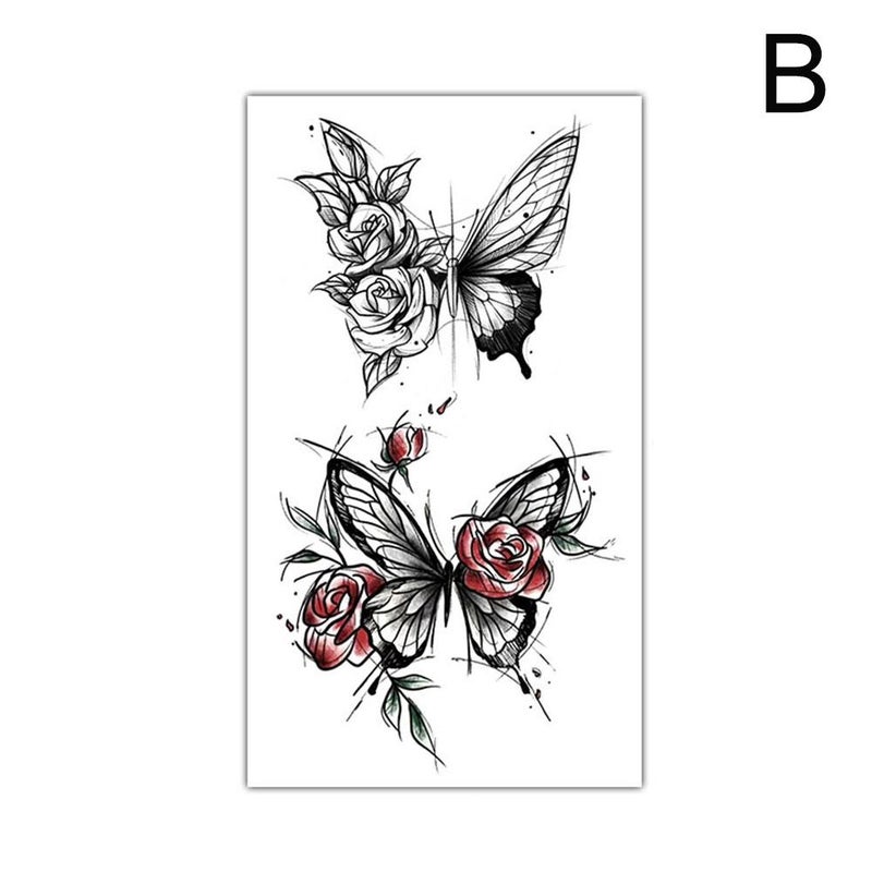 Cute and simple temporary tattoo stickers with English letters, flowers, butterflies, and sketch lines. Waterproof temporary tattoo stickers.